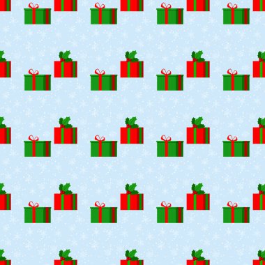 Kar ve kar taneleri, kırmızı çoraplar, hediye kutusu, mavi arka planda ökseotu dalı olan mutlu Noeller şirin vektör desenleri. Ağ, kapak, pankart, dekorasyon ve çocuk tasarımı için sonsuz doku