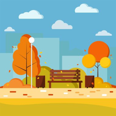 Sonbahar günü, karikatür tarzında kentsel arka plan vektör düz çizim. Tahta bank, çöp tenekesi ve şehir parkında ağaçlı ve çalılıklı gökdelenler, patika, bulut, düşen yapraklar.