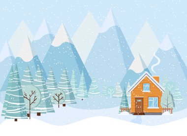 Dağlarla, karla, ağaçlarla, çiçeklerle, çizgi filmlerdeki düz kır evleriyle güzel bir Noel manzarası. Vektör illüstrasyonu.