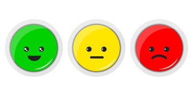 Smiley simgesi setinin vektör düz tasarım çizimi. Duygular pozitif, nötr ve negatif kırmızı, sarı ve yeşil farklı ruh halleri. Müşteri görüşü için puanlama gülümsemesi. Yüz ifadeleri düğmesi.