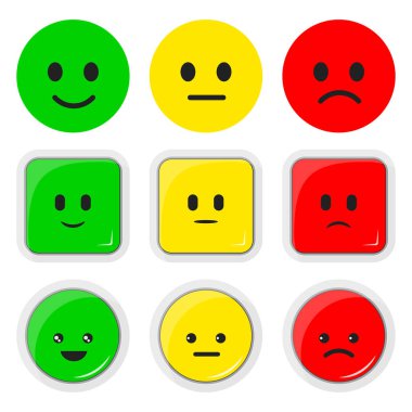 Vector set flat illustration of feedback rate icon, round square button. Kawaii emoticons positive, neutral and negative red, yellow, green moods . Rating sign for customer opinion. Facial expressions clipart