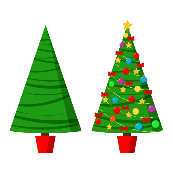 Icon Set Mit Grüner Spruse Und Geschmücktem Weihnachtsbaum Topf Mit — Stockvektor