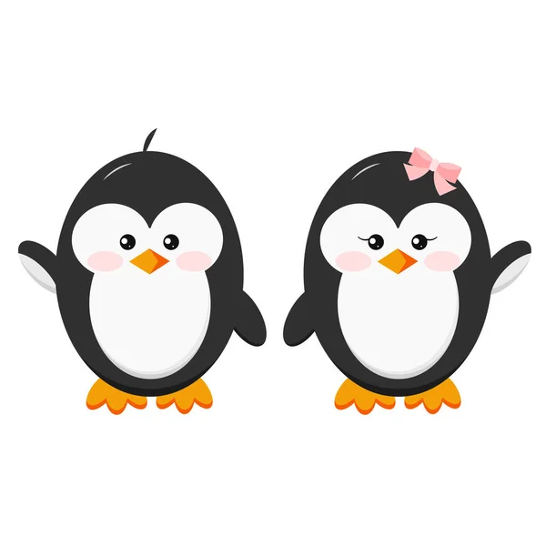 Набор Милых Персонажей Пары Мальчик Девочка Пингвин Икона Держаться Руки — стоковый вектор