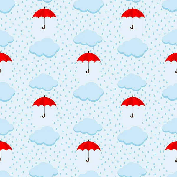 Letní Deštivý Den Nebe Roztomilý Vektor Bezešvé Vzor Nadýchanými Mraky — Stockový vektor