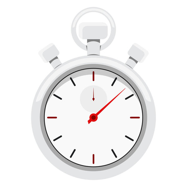 Cartoon style image of a chrome metal sports stopwatch with red arrow. Symbol competition. Single icon isolated on white background. Flat design vector illustration.