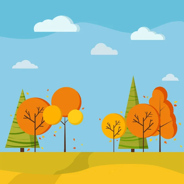 Осенний Живописный Пейзаж Поля Желтыми Апельсиновыми Деревьями Ели Поля Река — стоковый вектор