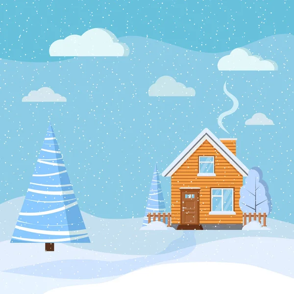 Winter Beautiful Snowy Landscape Country Rural Wooden House Spruce Clouds — Stock Vector