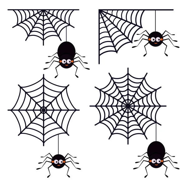一组不同的可爱的笑着的黑色蜘蛛挂在一串蜘蛛网上 而蜘蛛网图标则与白色背景隔离 平面样式矢量图解 万圣节设计中的动物角色 — 图库矢量图片