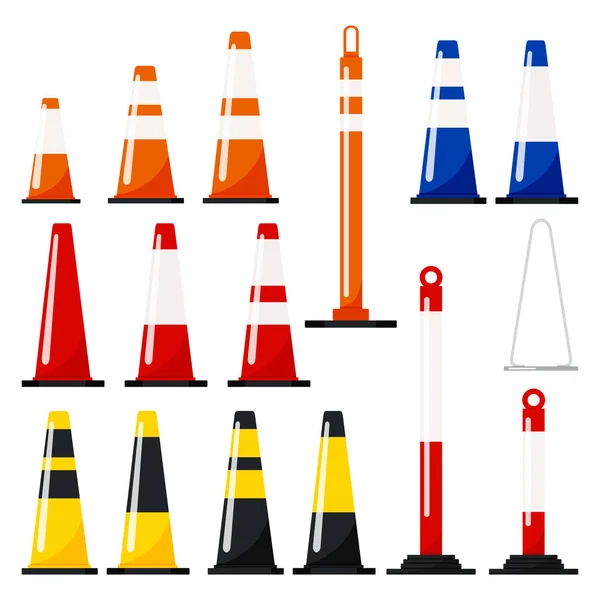 Ilustração Design Plano Vetorial Cones Tráfego Conjunto Cor Laranja Azul — Vetor de Stock