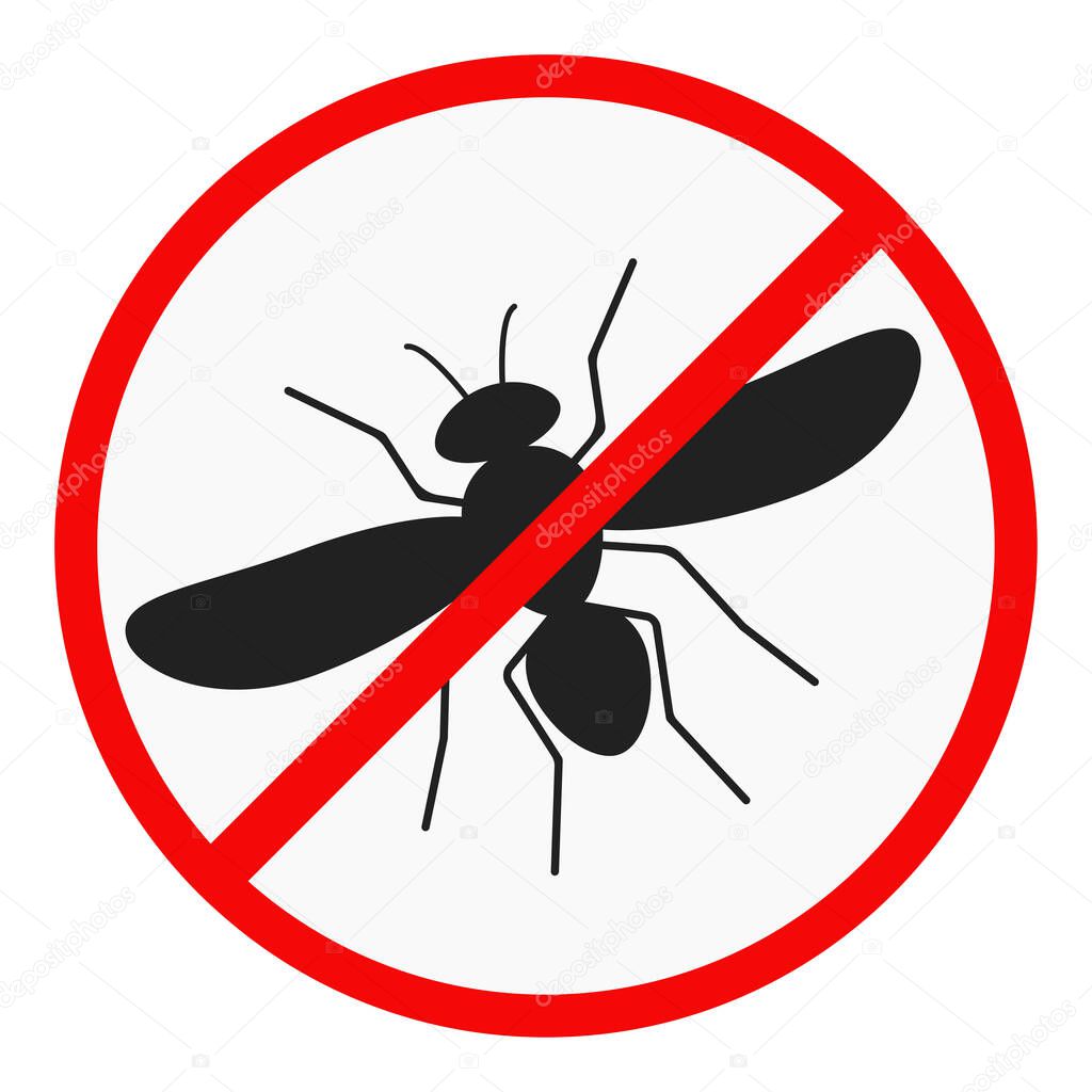 No mosquito flat design icon isolated on white background. Malaria warning vector illustration. Simple black sign of a bloodsucking mosquito in a red crossed out circle. Insect control symbol.