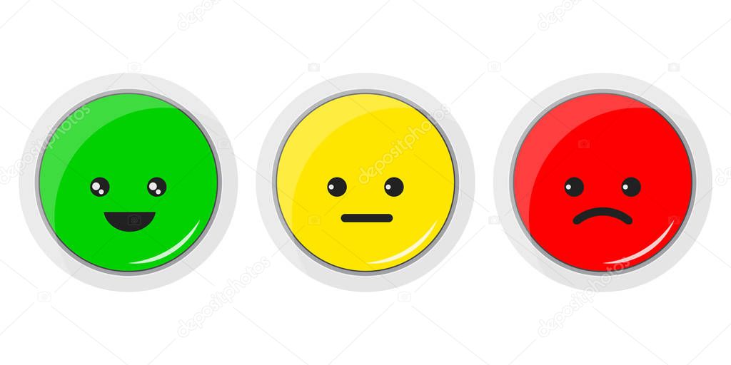 Vector flat design illustration of smiley icon set. Emoticons positive, neutral and negative red, yellow and green different moods . Rating smile for customer opinion. Facial expressions button.