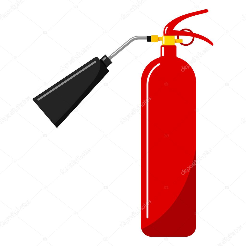 Vector illustration of flat design red fire extinguisher with nozzle icon in cartoon style. Single silhouette portable fire equipment sign isolated on white background.