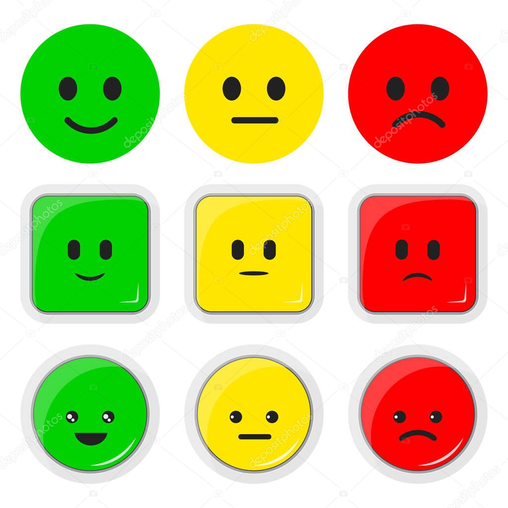 Vector set flat illustration of feedback rate icon, round square button. Kawaii emoticons positive, neutral and negative red, yellow, green moods . Rating sign for customer opinion. Facial expressions