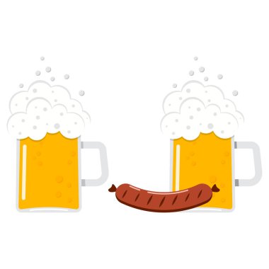 Düz tasarım bira kupası vektör çizimi, beyaz arka planda izole edilmiş sosis ikonlu bir bardak bira. Izgara sosis ve bir bardak taze soğuk bira işareti, parti davetiyesi..
