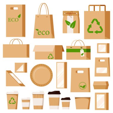Boş Kraft kahverengi boş karton dikdörtgen seti yiyecek ve içecek için eko kutuları alıp beyaza izole edilmiş plastik pencereye koyar. Süpermarket, market, restoran, fast food paketi..