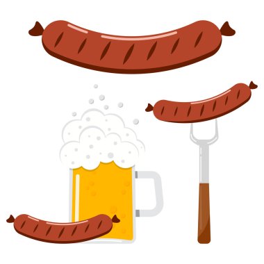 Gıda düz tasarım setinin temsili sosis, çatalda sosis, beyaz arka planda izole edilmiş bir bardak bira ikonu ile sosis. Web için ızgara sosis şablonu koleksiyonu, parti daveti.