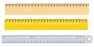 Farklı malzemelerin vektör düz tasarım çizimi ahşap, metal, plastik cetvel enstrüman ikonu beyaz zemin üzerinde izole edildi. Cetvelleri santimetre ölçekte ölçen renk okulu.