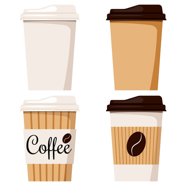 Isolated on white background disposable kraft brown, white paper coffee cup with cap icon set, front view, designed coffee grain, flat cartoon style vector illustration clip art take away packaging.