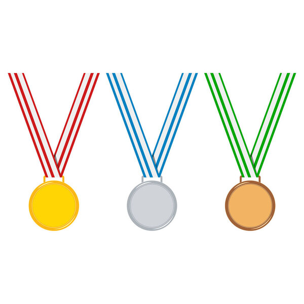 Cartoon style champion medal set isolated on white background golden, silver, bronze medal with stripped red, blue, green ribbon. Icon sign first, second, third place. Vector flat design illustration