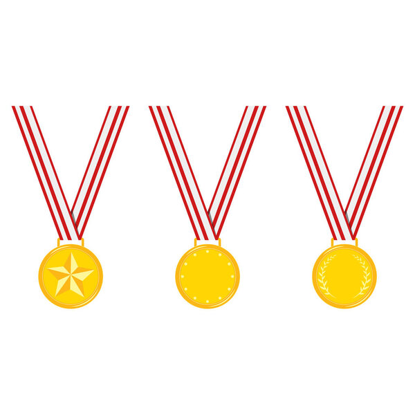 Champion different design golden medals with stripped red ribbon set isolated on white background. Icon sign first place with star, dots, laurel branches. Vector flat cartoon clip art illustration.