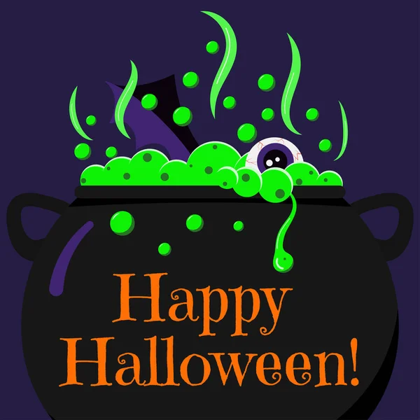 Lindo Estilo Dibujos Animados Feliz Tarjeta Felicitación Halloween Con Caldero — Vector de stock