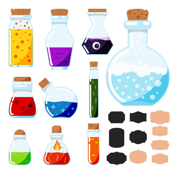 Vector icon set of flat design cartoon style magic potions, glass magical tubes with label stickers isolated on white background. Bottles with colorful liquid. Game icon of magic elixir.