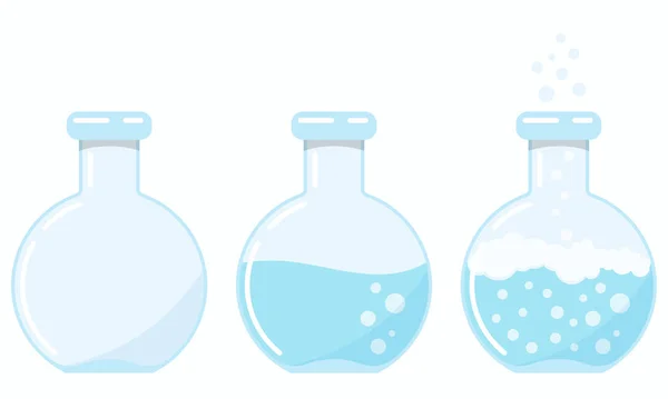 一组玻璃瓶图标 在白色背景隔离的过程的不同阶段有一个不断进行的化学反应 实验室研究和试验概念的平面设计矢量图解 — 图库矢量图片