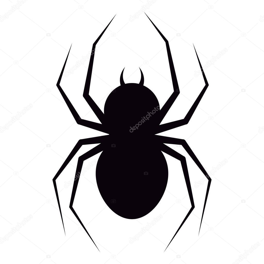 Vector illustration of flat design black spider with fangs silhouette icon isolated on white background. Animal poisonous character for web, Halloween design.