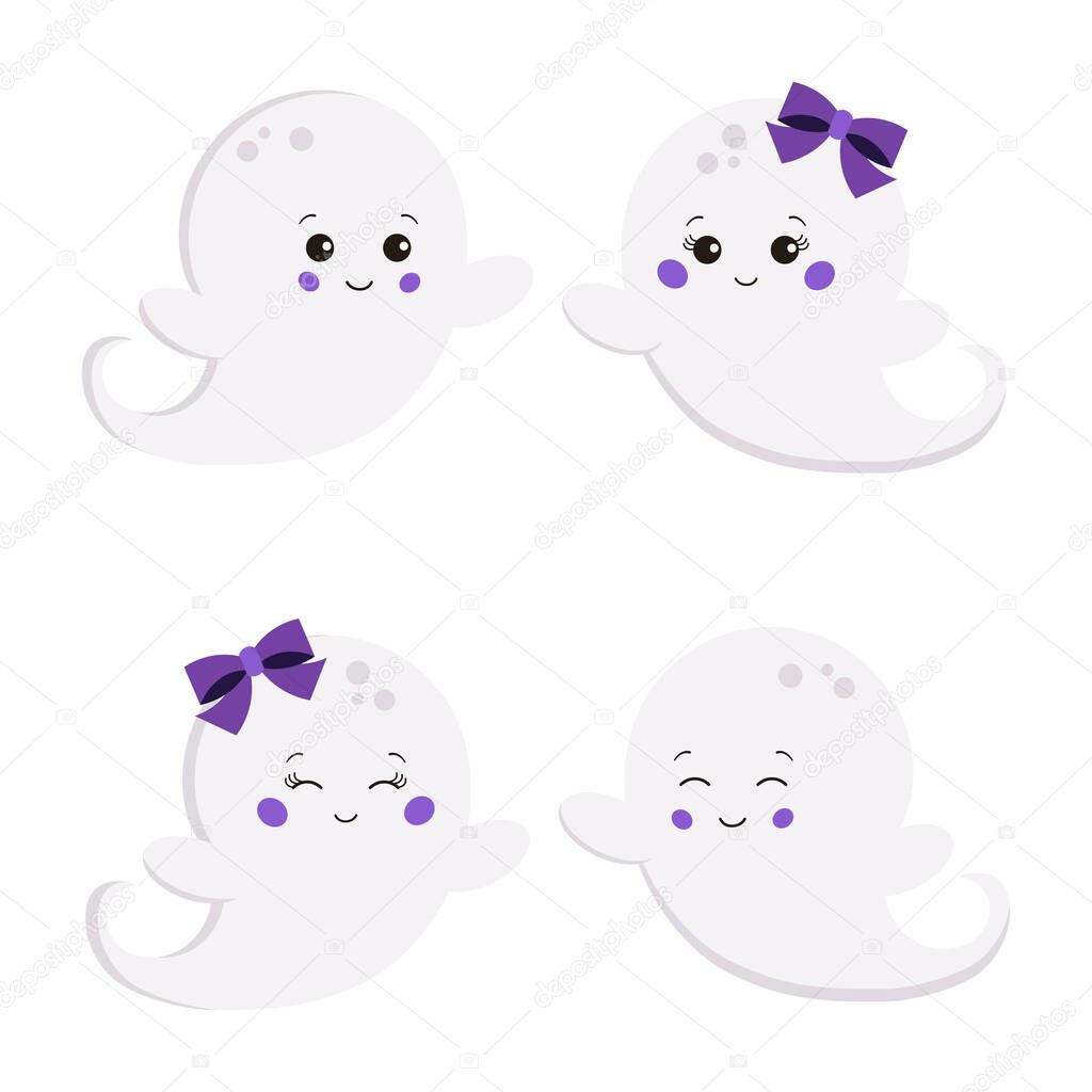 Vector illustration set of flat cute sweet cartoon smiling boy and girl ghost isolated on white background. Flying ghost creepy funny character. Graphic design element for party happy Halloween night.