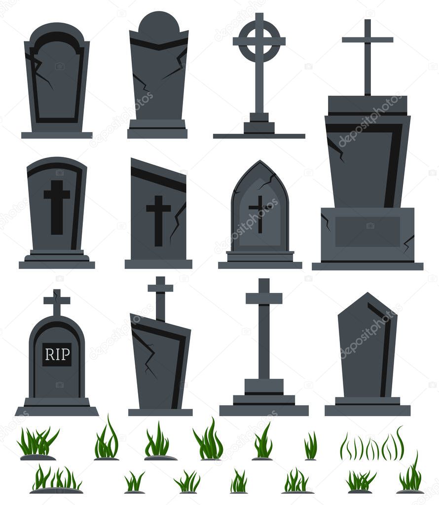 Grey RIP grave tombstone set with green grass for halloween design isolated on white background. Different old tomb gravestone with crack cemetery collection. Vector flat cartoon style illustration.