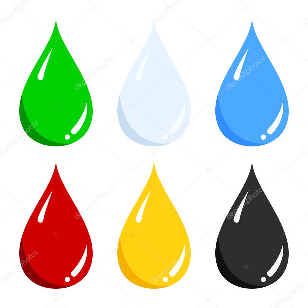 Vector set of blue water, green, light blue milk, red blood, yellow honey, black oil liquid drop icon isolated on white background. Flat style. Elegant single nature element for logo, web, app design.