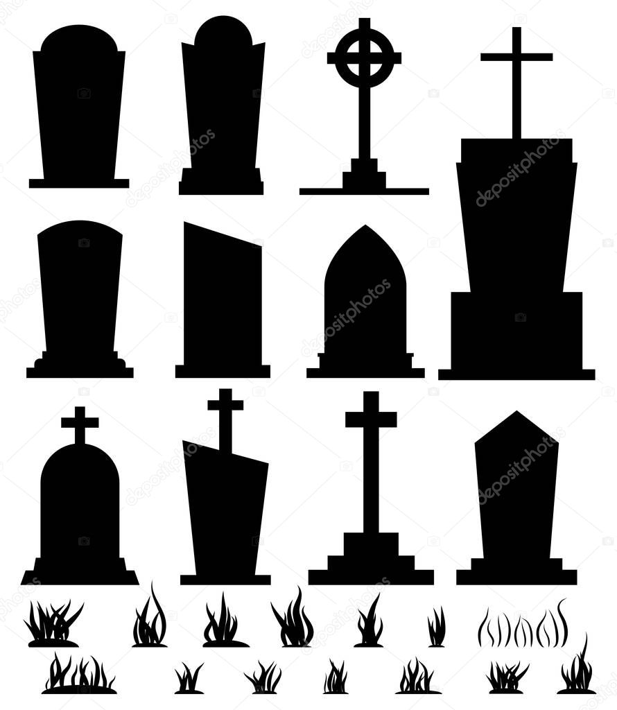 Black silhouette tombstone set for halloween holiday isolated on white background. Different gravestone with grass cemetery collection. Vector flat cartoon style illustration. Graphic design element.