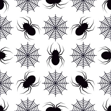 Beyaz zemin üzerinde siyah örümcek ve yuvarlak örümcek ağı silueti olan dikdörtgen monokrom desenli vektör. Sonsuz doku. Ağ, kapak, pankart ve dekorasyon için örnek arkaplan.
