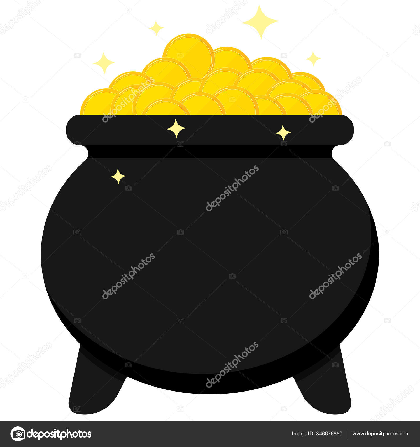 Черный Котел Полный Золотых Монет Изолированных Белом Фоне Образ.