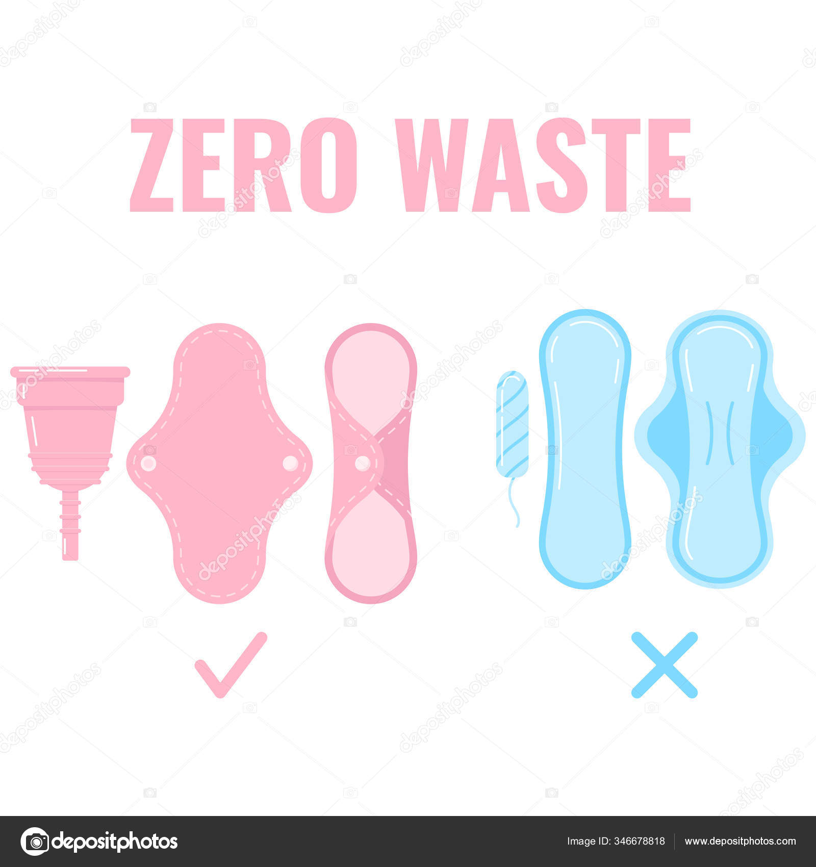 廃棄物ゼロ期間キットは白い背景に隔離されています タンポンや衛生的なナプキンに対して再利用可能な衛生パッドや月経カップ ベクトルフラットデザイン漫画スタイルイラスト 環境に優しいコンセプト ストックベクター C Baldezh
