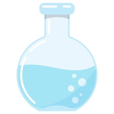 Beyaz zemin üzerinde kimyasal sıvı düz tasarım vektör ikonu olan mavi cam matara. Laboratuvar araştırmaları ve test konseptinin çizgi film stili çizimi.