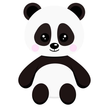 Tatlı küçük bebek panda oyuncağı beyaz arka planda izole bir şekilde oturuyor. Çin maskotu sembolü. Çizgi film tarzında sevimli komik bir karakter. Vektör illüstrasyonu.