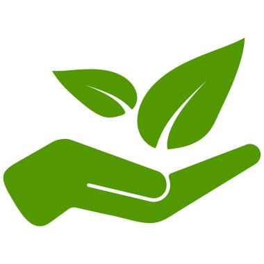 Elinizde yeşil yapraklı vektör çizimi var. Beyaz arka planda izole edilmiş dost canlısı çevre simgesi. Tek kişilik doğa konsepti. Eko logo şablonu. Yeşil renk basit invironmental koruma işareti.