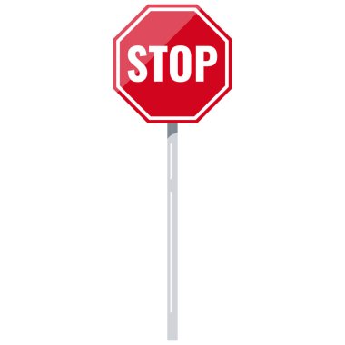 Beyaz arkaplanda destek vektör simgesi olan kırmızı yol işaretini durdur. Düz tasarım trafik ikonu illüstrasyonu. Sekizgen şekil seyahat sembolü. Trafik yönetmeliği uyarı dur sembolü