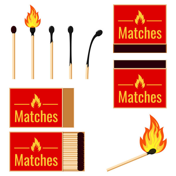Matches flat design set. Vector illustrations burning matchstick on fire, opened matchbox, burnt matchstick, match remainder isolated on white background. Symbol of ignition, burning, withering.