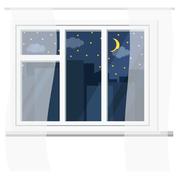 White Plastic Room Window Frame Glass Windowsill Curtains Urban Night — 스톡 벡터