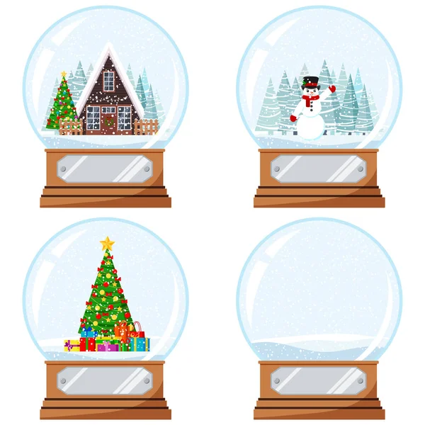 Christmas New Year Design Crystal Snow Globe Toy Decorated House — Stock Vector