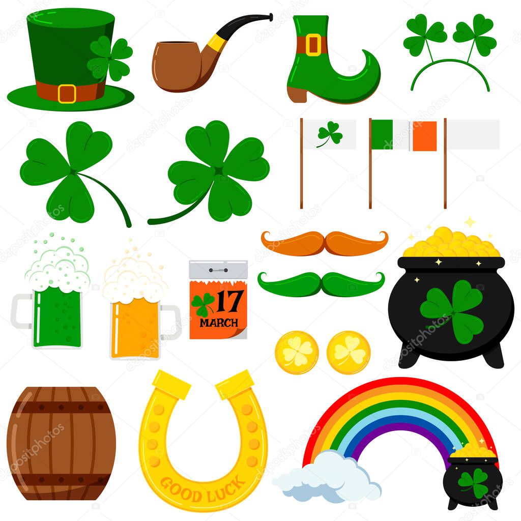 St. Patrick s day vector graphic design icons set isolated on white background. Flat cartoon style irish celtic elements for party, sales pot, coins, rainbow, horseshoe, clover, leprechaun pipe, hat.