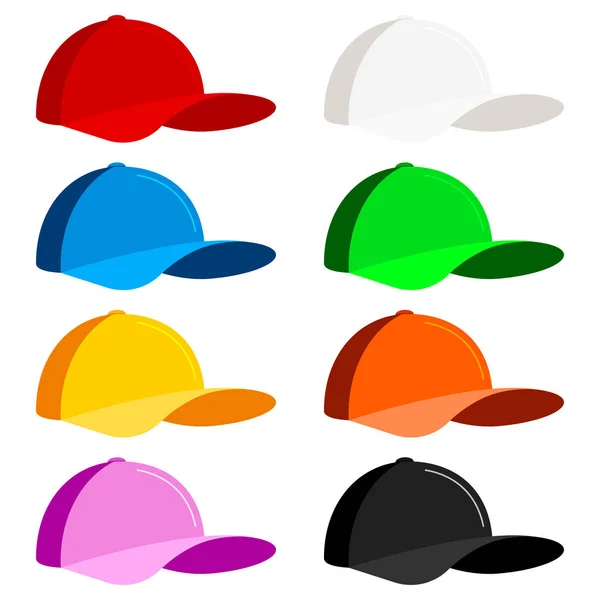 棒球帽图标设置隔离在白色背景 平面样式矢量图解 少男少女运动帽边观景 夏季防晒 — 图库矢量图片