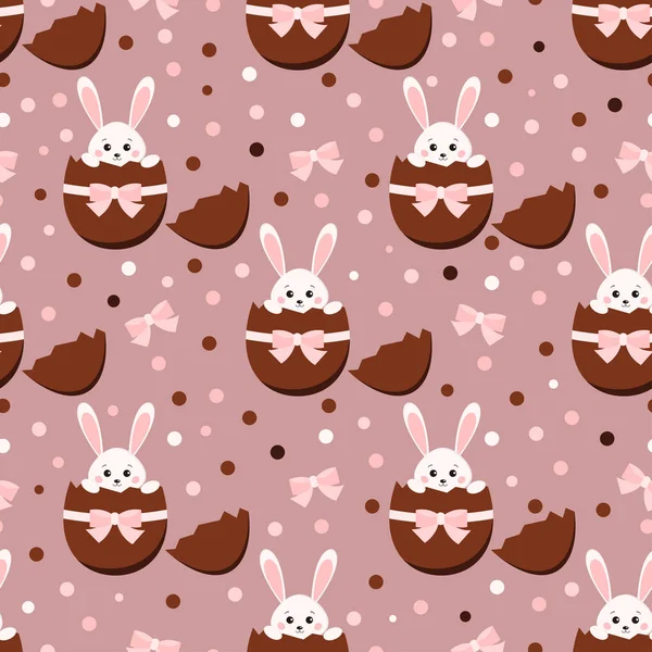 Easter seamless pattern with chocolate broken sweet egg and cute bunny rabbit inside with ribbon, bow and dots. Flat design cartoon style vector illustration. Happy Easter endless texture animal print