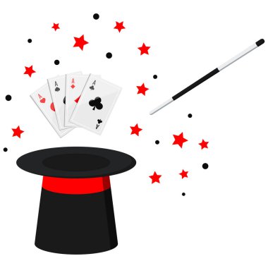 Sihirbazın siyah şapkası, sihirli şapkası, dört as ve bir tür poker, sihirli değnek ve beyaz arka planda izole edilmiş bir yıldız. Çizgi film tarzında kart illüstrasyonlu vektör düz kumarhane gösterisi