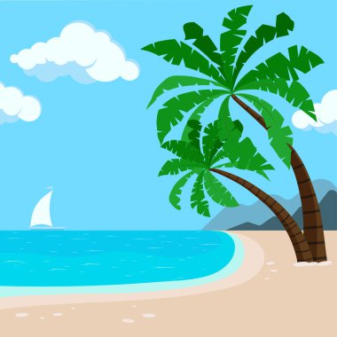 Palmiye ağaçları, deniz ve yelkenli ile tropik Hawaii plajı. Deniz manzaralı seyahat afişi. Çizgi film tarzında vektör illüstrasyon egzotik deniz manzarası. Yaz cenneti adası kumlu plaj afişi.