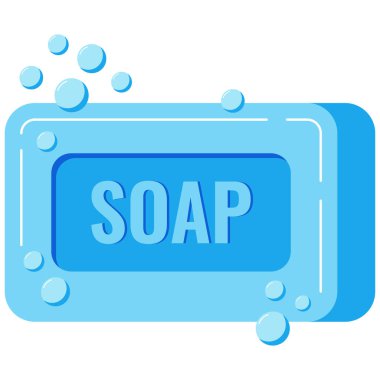 Köpüklü sabun ve baloncuklar beyaz arka planda izole edilmiş. Düz dizayn edilmiş bir sabun karikatür çizimi. Mavi renkli sabun sembolü. El yıkama konsepti.