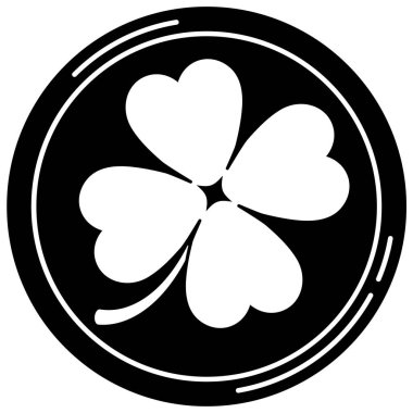 Beyaz arka planda dört yapraklı yonca ikonu olan siyah şanslı kumarhane pocker çipi. Ağ için tek rulet çipi tabelası, uygulama tasarımı. Vektör düz tasarım basit tek renkli illüstrasyon