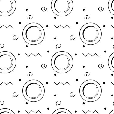 Tabak pişirme ya da kusursuz mutfak deseni. Siyah çizgi sanat vektör dairesi tabakları ve beyaz arkaplanda dekoratif elementler. Web, kapak, dekorasyon, restoran veya dükkan baskısı tasarımı için sonsuz doku